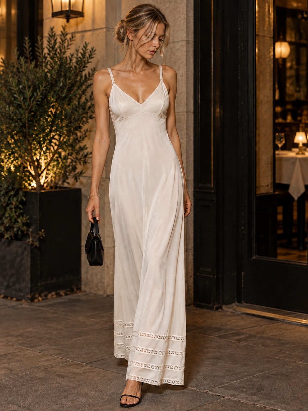 Vintage 70s Artemis Ivory Slip Dress Maxi Nightgown Antron III Lace USA Sz 36